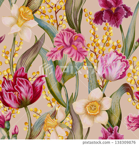 Watercolor tulips, irises, daffodils, mimosa. Floral seamless pattern. Vintage romantic background. Tulip flowers pattern. Spring. Holiday. Wrapping paper. Card. Flowers. Botanical print Watercolor tulips, irises, daffodils, mimosa. Floral seamless pattern. Vintage romantic background. Tulip flowers pattern. Spring. Holiday. Wrapping paper. Card. Flowers. Botanical print 138309876