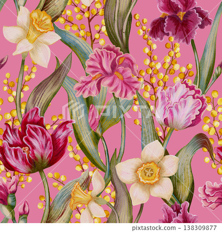 Watercolor tulips, irises, daffodils, mimosa. Floral seamless pattern. Vintage romantic background. Tulip flowers pattern. Spring. Holiday. Wrapping paper. Card. Flowers. Botanical print 138309877