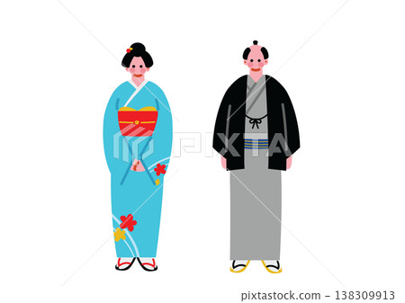 Illustrations of a man and woman wearing traditional Japanese kimonos. Illustrations of a man and woman wearing traditional Japanese kimonos. 138309913