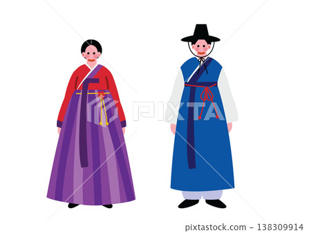 插圖描繪了一男一女身著韓國傳統民族服飾的形象。 138309914