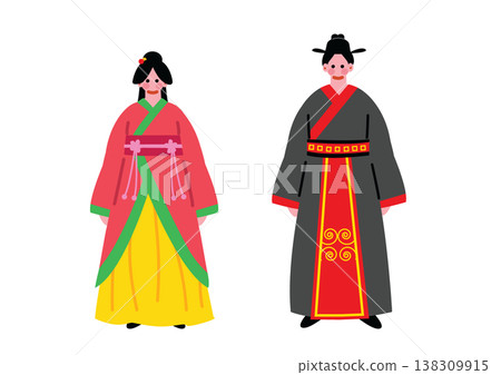 Illustrations of men and women wearing traditional Chinese ethnic clothing. Illustrations of men and women wearing traditional Chinese ethnic clothing. 138309915
