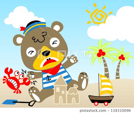 vector cartoon funny bear play in the beach vector cartoon funny bear play in the beach 138310096