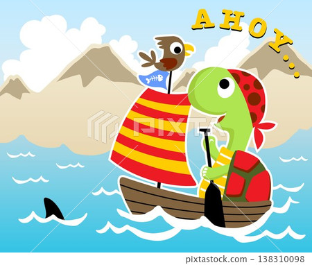 turtle and bird cartoon sailing on sailboat turtle and bird cartoon sailing on sailboat 138310098