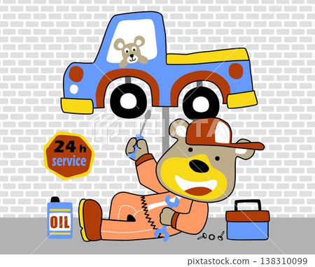 Vector cartoon of car repair shop with funny mechanic Vector cartoon of car repair shop with funny mechanic 138310099