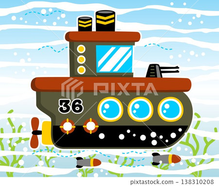 submarine cartoon with cannon on under sea submarine cartoon with cannon on under sea 138310208