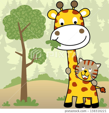 giraffe and tiger cartoon in jungle 138310221