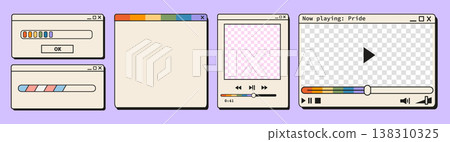 Retro computer media player windows with rainbow pride loading bars. Vintage y2k video player frames, music interface, transgender flag progress bar, and nostalgic browser popups for digital design. 138310325