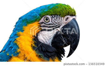 A beautiful blue and yellow macaw against a white background. 138310349