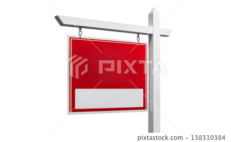 A modular 3D illustration of an empty red advertising sign and a metal signage emblem mounted on a white background. 138310384