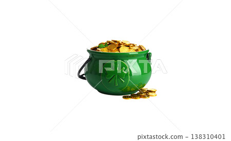 A golden pot filled with gold coins on a white background. A golden pot filled with gold coins on a white background. 138310401