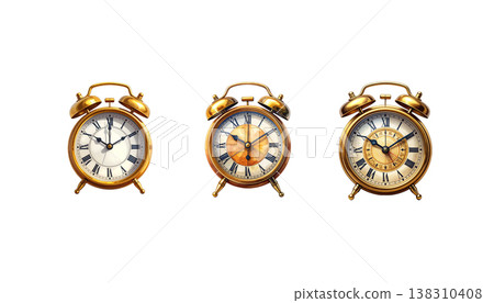 Vintage style black metal alarm clock on a white background. 138310408