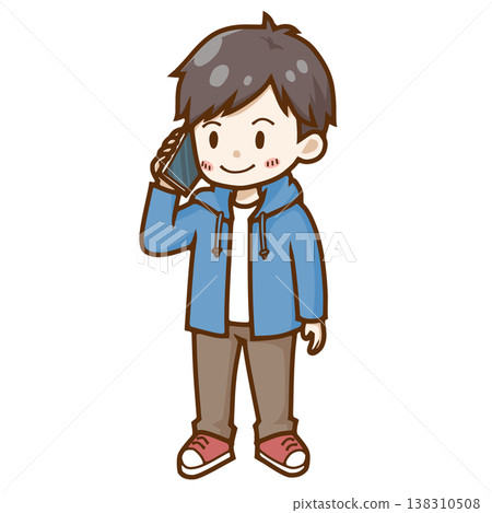 An illustration of a young man smiling and making a phone call on his smartphone. An illustration of a young man smiling and making a phone call on his smartphone. 138310508