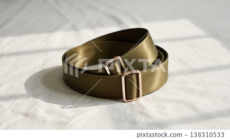 Stylish olive green belt with rose gold buckles on fabric. 138310533
