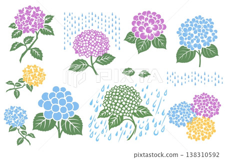 A set of colorful, woodblock print-style illustrations of hydrangeas and raindrops depicting the rainy season. A set of colorful, woodblock print-style illustrations of hydrangeas and raindrops depicting the rainy season. 138310592