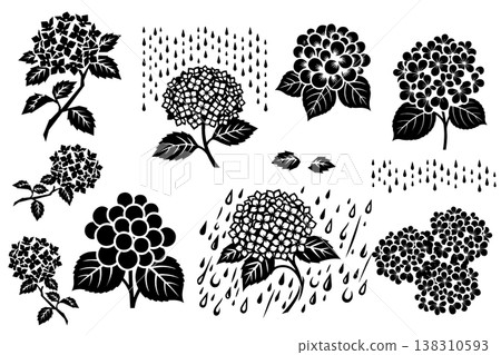 A set of monochrome silhouette illustrations of hydrangeas and raindrops in a woodblock print style. 138310593