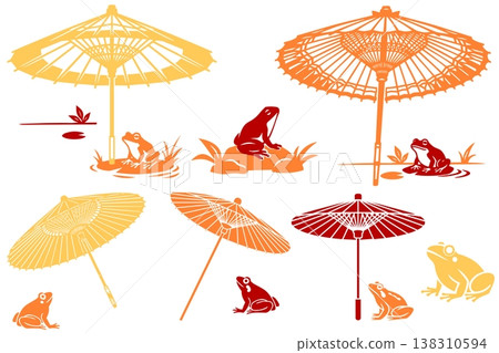 一組色彩鮮豔、木版畫風格的繡球花和雨滴插圖，描繪了雨季的景象。 138310594
