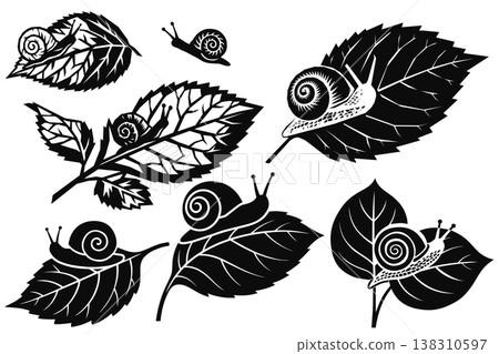 A set of monochrome silhouettes of snails and leaves, beautifully rendered in a woodblock print style. A set of monochrome silhouettes of snails and leaves, beautifully rendered in a woodblock print style. 138310597