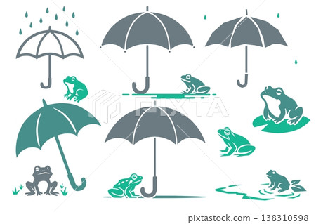 A set of print-style illustrations of umbrellas and frogs in muted colors, depicting the rainy season. A set of print-style illustrations of umbrellas and frogs in muted colors, depicting the rainy season. 138310598