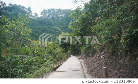 Hiking trail in the forest with concrete road. Hiking trail in the forest with concrete road. 138310909