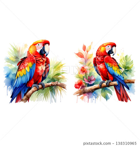watercolor illustration with parrot and flowers 138310965