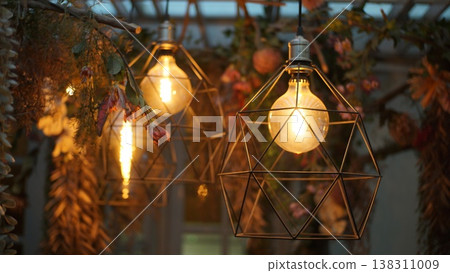 Vintage light bulbs decorate the interior of the room. Wedding lamp background. Vintage light bulbs decorate the interior of the room. Wedding lamp background. 138311009