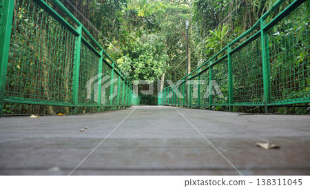 Wooden bridge with metal guard rails in the forest. Wooden bridge with metal guard rails in the forest. 138311045