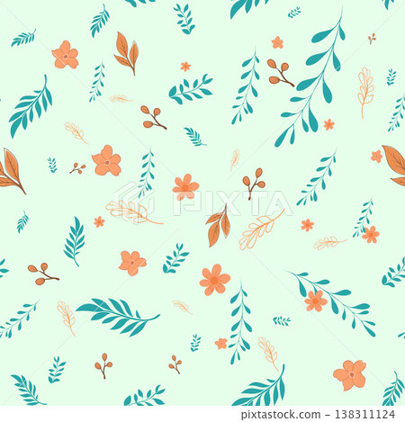 Minimalist flat vector illustration of a seamless floral pattern with delicate leaves and flowers, boho botanical background in pastel colors. Minimalist flat vector illustration of a seamless floral pattern with delicate leaves and flowers, boho botanical background in pastel colors. 138311124