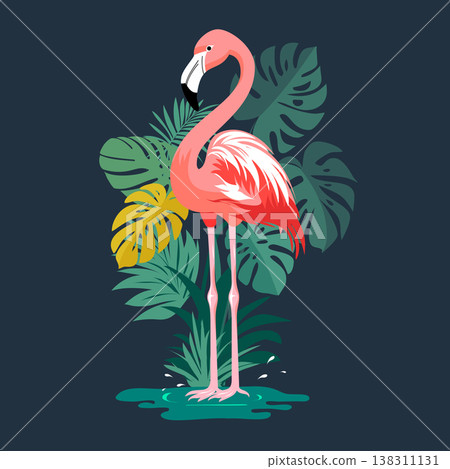 Minimalist flat vector illustration of a pink flamingo standing in water with tropical monstera and palm leaves on a dark background. Minimalist flat vector illustration of a pink flamingo standing in water with tropical monstera and palm leaves on a dark background. 138311131