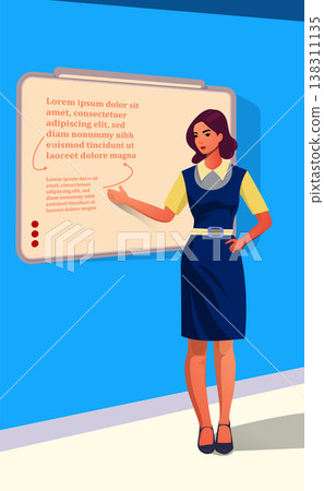 Female Presenter and Public Speaker: Businesswoman in Blue Dress Stands by Whiteboard with Lorem Ipsum Text for Corporate or Education presentation Female Presenter and Public Speaker: Businesswoman in Blue Dress Stands by Whiteboard with Lorem Ipsum Text for Corporate or Education presentation 138311135