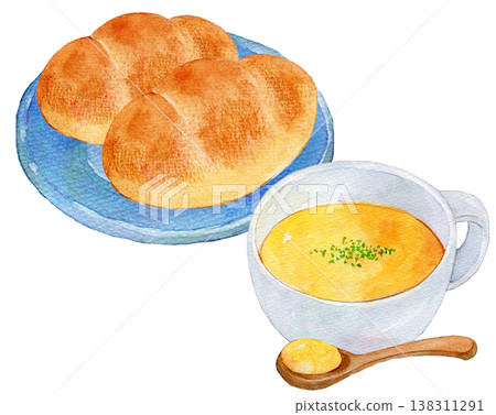 水彩插畫,手繪插畫,麵包和湯套裝 水彩插畫,手繪插畫,麵包和湯套裝 138311291