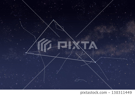 以星空為背景,描繪了夏季大三角和三個星座的星座線。 以星空為背景,描繪了夏季大三角和三個星座的星座線。 138311449