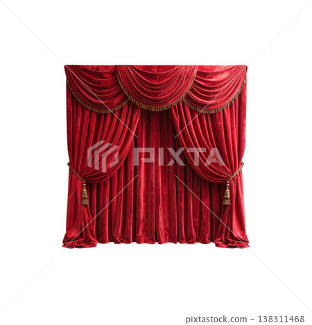 A classic red velvet theater curtain against a white background. A classic red velvet theater curtain against a white background. 138311468