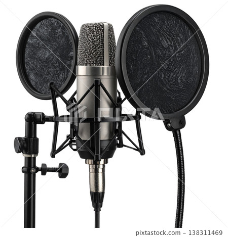 A professional-grade black microphone is placed against a white background. A professional-grade black microphone is placed against a white background. 138311469
