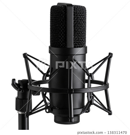 A professional-grade black microphone is placed against a white background. 138311470