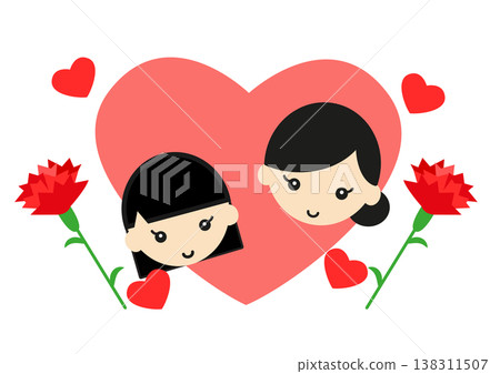 Mother's Day: A girl and her mother inside a heart with carnations – a symbol of gratitude. 138311507