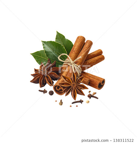 The fragrant star anise and cinnamon create a brown spice embellishment on a white background. 138311522