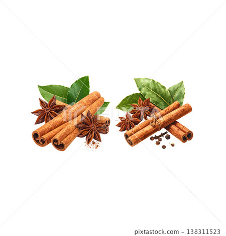 The fragrant star anise and cinnamon create a brown spice embellishment on a white background. 138311523