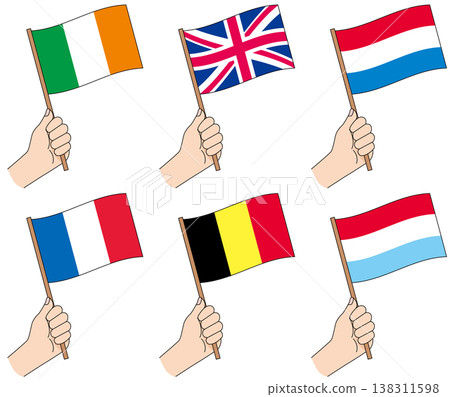 Flag set of 6 Northwest European countries, handheld flag illustration. 138311598