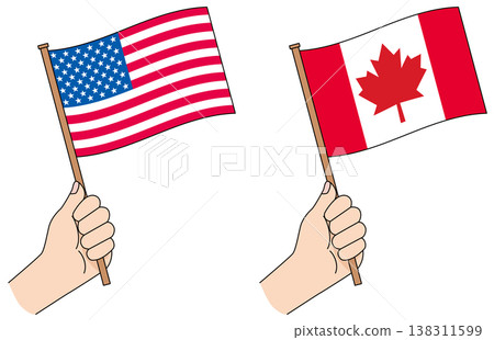 American and Canadian flags, handheld flag illustration American and Canadian flags, handheld flag illustration 138311599