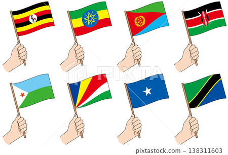 一手拿著一組東非國旗的插圖。 138311603