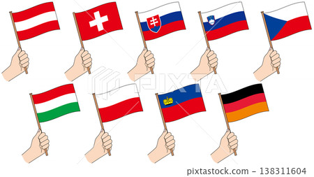 一手拿著一組中歐國家的國旗。 138311604