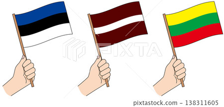 An illustration of hands raising the flags of the Baltic states (Estonia, Latvia, and Lithuania). An illustration of hands raising the flags of the Baltic states (Estonia, Latvia, and Lithuania). 138311605