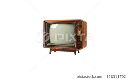 An old analog television with a blank black screen lies on a white background. An old analog television with a blank black screen lies on a white background. 138311702