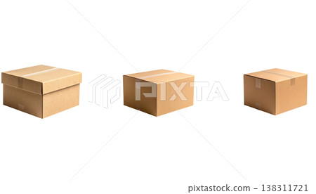 Open and closed brown cardboard boxes, and empty cardboard boxes for shipping or sorting, are displayed against a white background. Open and closed brown cardboard boxes, and empty cardboard boxes for shipping or sorting, are displayed against a white background. 138311721