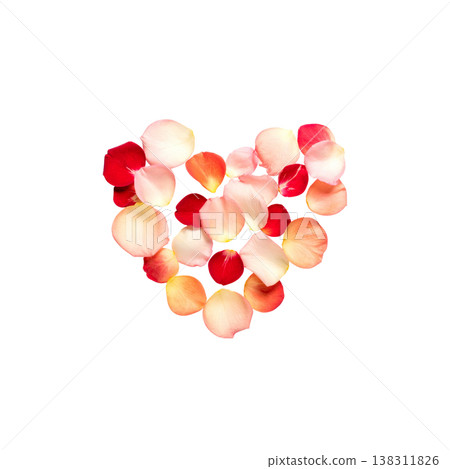 Red heart-shaped rose petals on a white background. 138311826