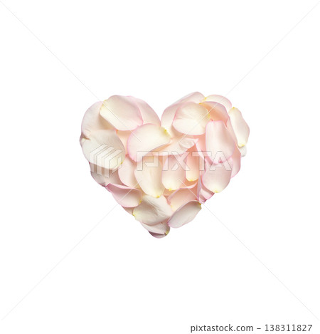Red heart-shaped rose petals on a white background. Red heart-shaped rose petals on a white background. 138311827