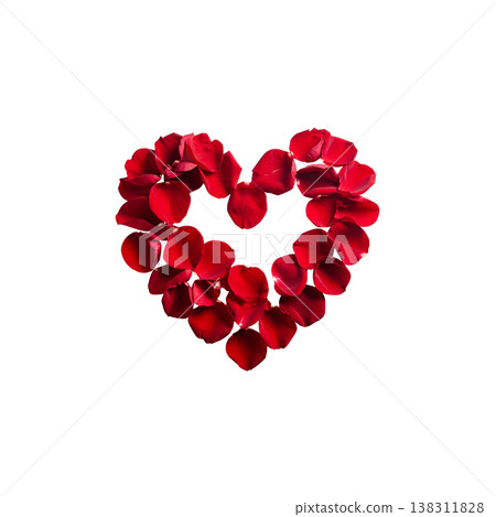 Red heart-shaped rose petals on a white background. 138311828