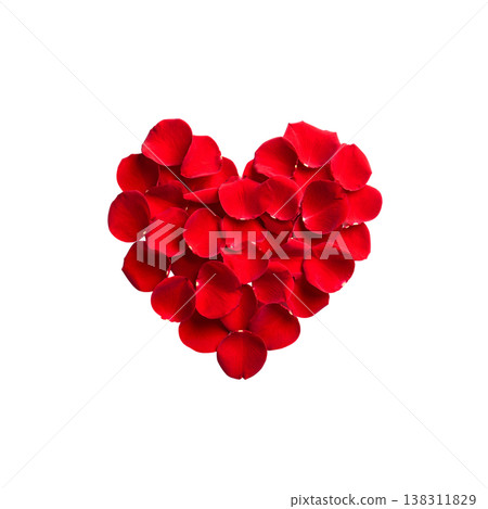 Red heart-shaped rose petals on a white background. 138311829