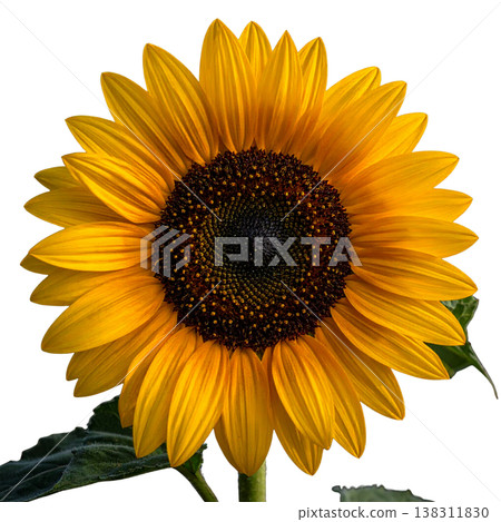 A beautiful, bright yellow sunflower, with its green leaves and seeds, is separated against a white background. A beautiful, bright yellow sunflower, with its green leaves and seeds, is separated against a white background. 138311830