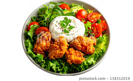 A delicious fresh vegetable salad with grilled chicken and red peppers on a white background. A delicious fresh vegetable salad with grilled chicken and red peppers on a white background. 138312019